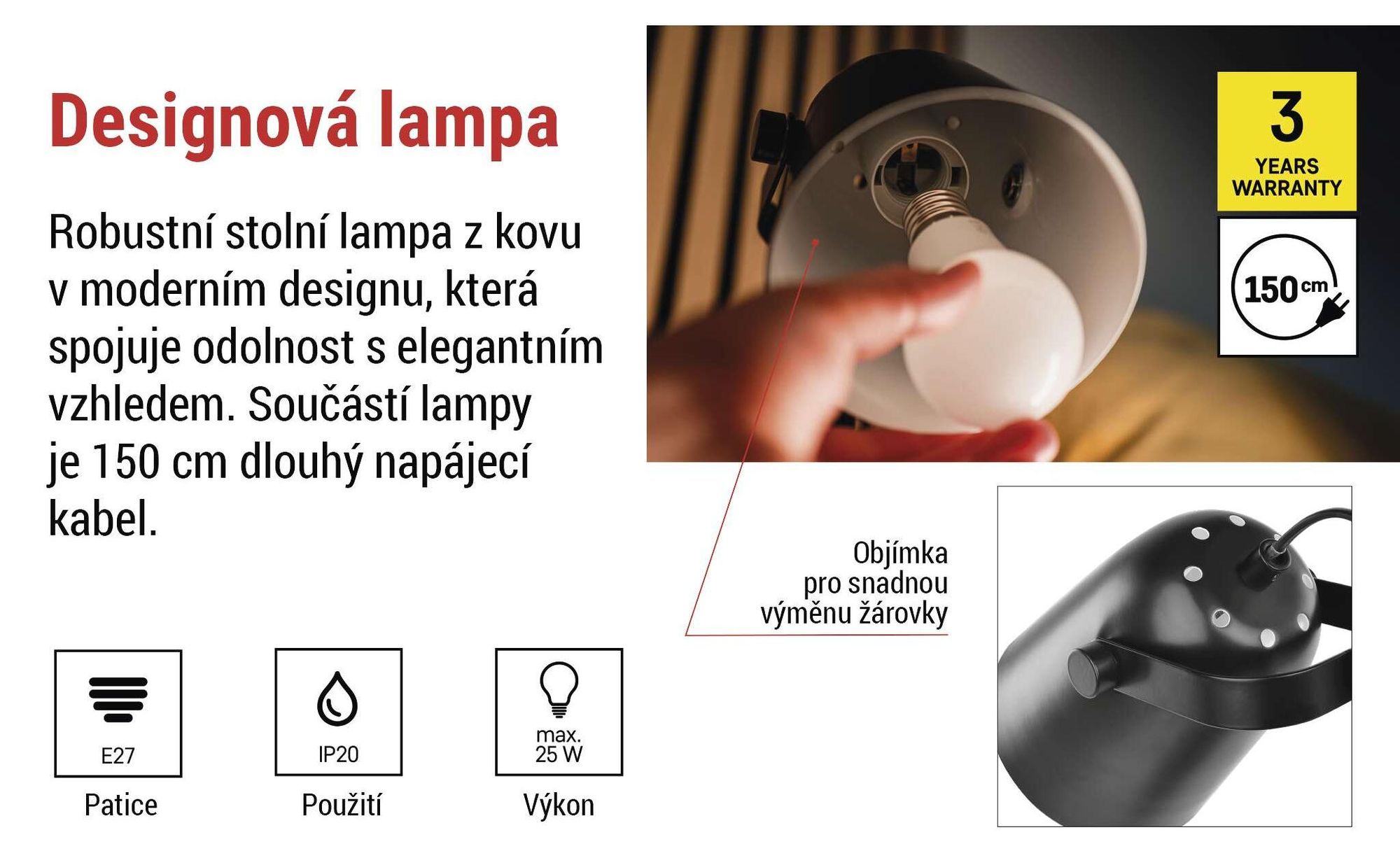 EMOS Designová stolní lampa NINA z kovu s paticí E27, lampička s kabelem 150 cm a eurozástrčkou, bez žárovky, černá, Z7642B