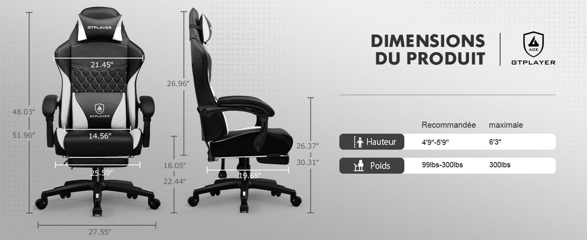 Chaise de jeu GTPLAYER, Gaming Chair, Chaise de bureau ergonomique réglable en hauteur, pratique pour l'hiver et l'été, avec double dossier avec repose-pieds
