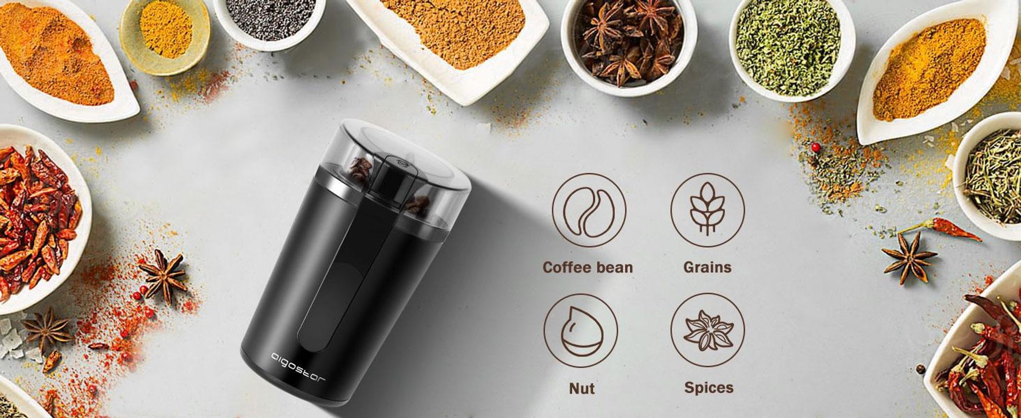 Aigostar - Elektrische Kaffeemühle Mahlgrad Einstellbar, Caffe Grinder Mixer Mühle Zerkleinerer für Kaffeebohne Leinsamen Nuss Gewürze Getreide, 200W