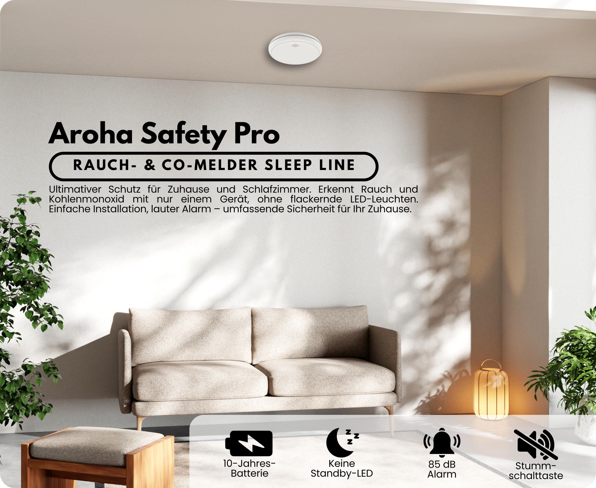 Aroha Safety Pro Kombination Rauchmelder und Kohlenmonoxid CO-Melder - 10 Jahre Batterie - Sleep Line - 1 set
