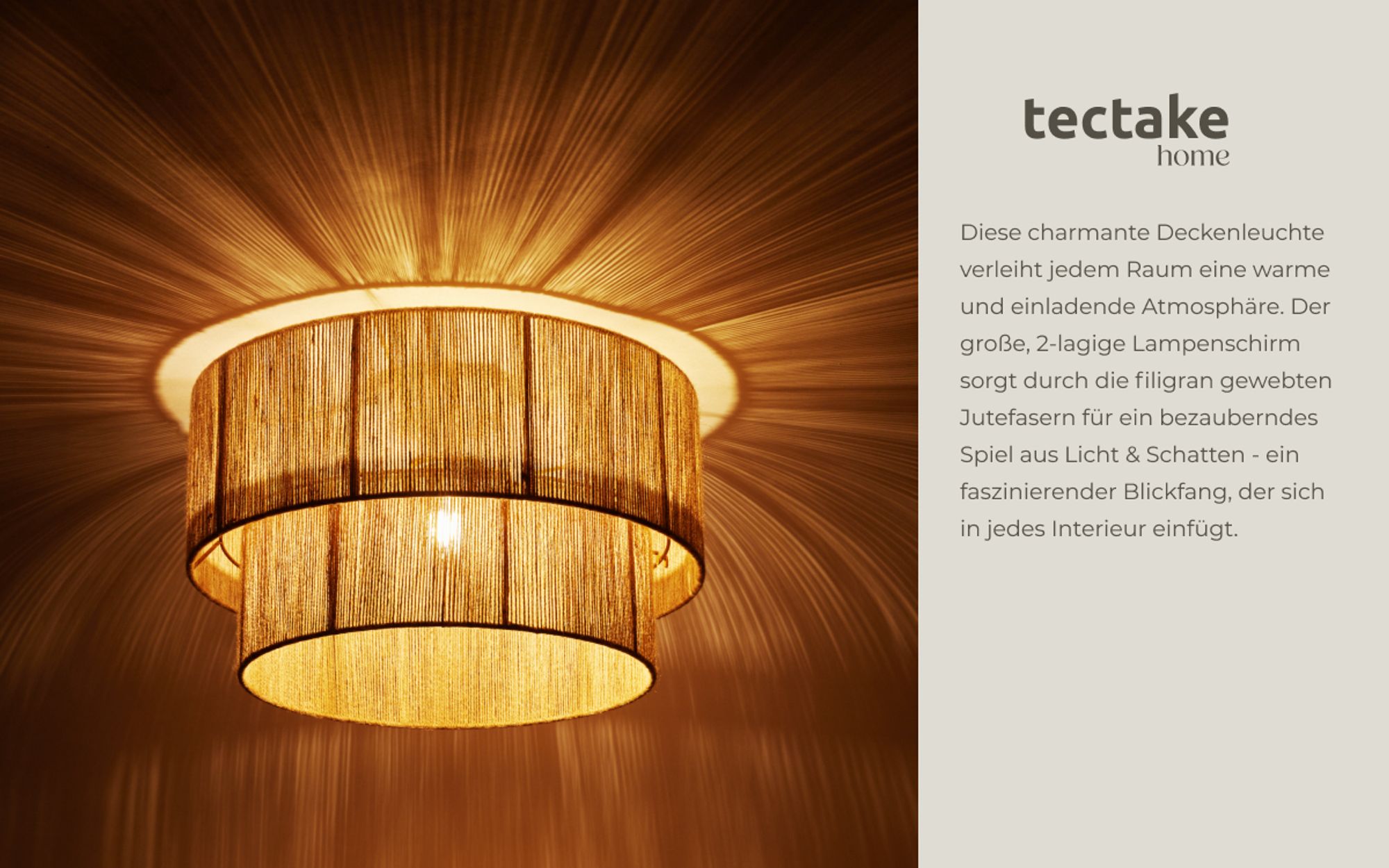 tectake® Deckenleuchte Lignea Lux aus Jute Boho-Stil 45 x 25 cm