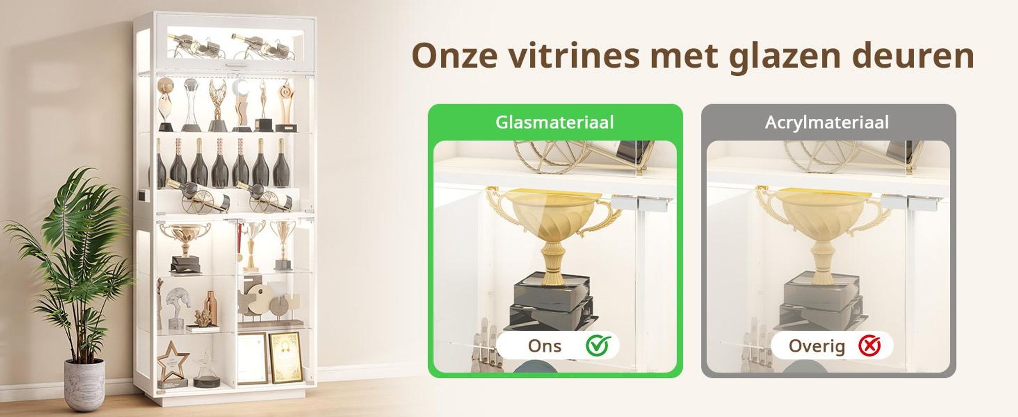 Puluomis Vitrine, glazen vitrine met 3 kleuren verlichting en sensor, vitrinekast zonder handgrepen, 80 x 35 x 180 cm, geschikt voor presentatie in woonkamer of slaapkamer