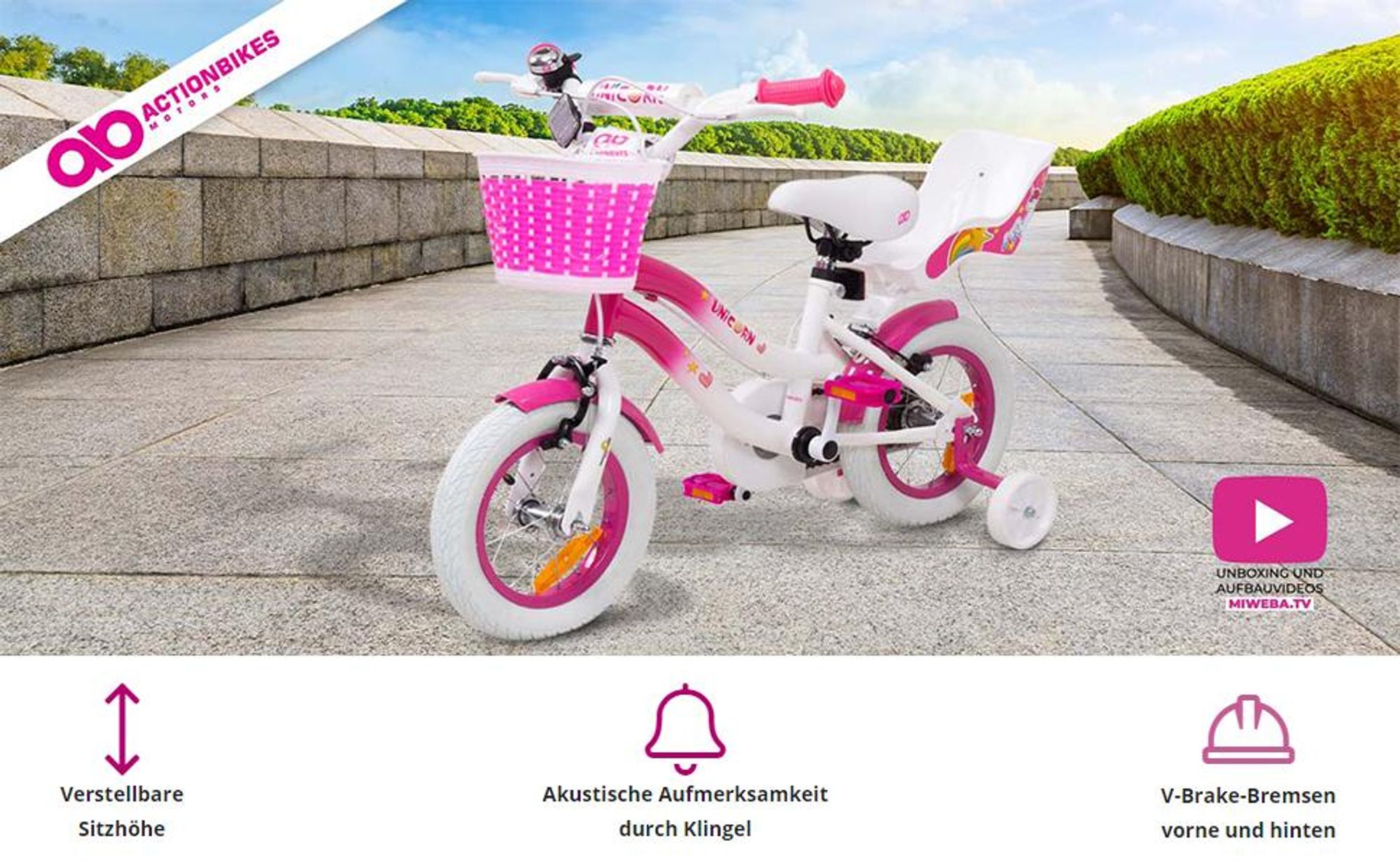 Actionbikes Kinderfahrrad Unicorn 12 Zoll | Kinder Fahrrad - V-Brake Bremsen - Kettenschutz - Fahrradständer - Antirutschgriffe - 6-9 Jahre (Pink)