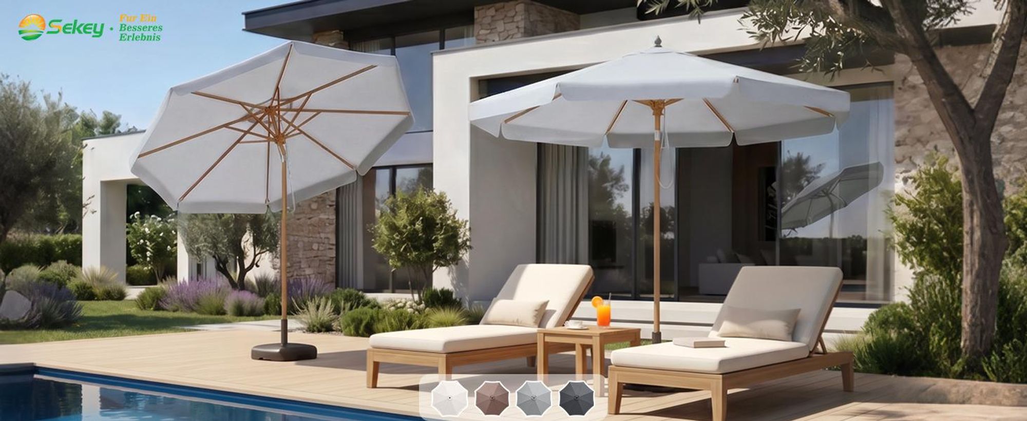 Sekey Balkonschirm 200 cm Ø Holzoptik, Knickbar, Stabiler Gartenschirm, UV-Schutz 50+, Sonnenschirm für Terrasse und Hof, Hellgrau