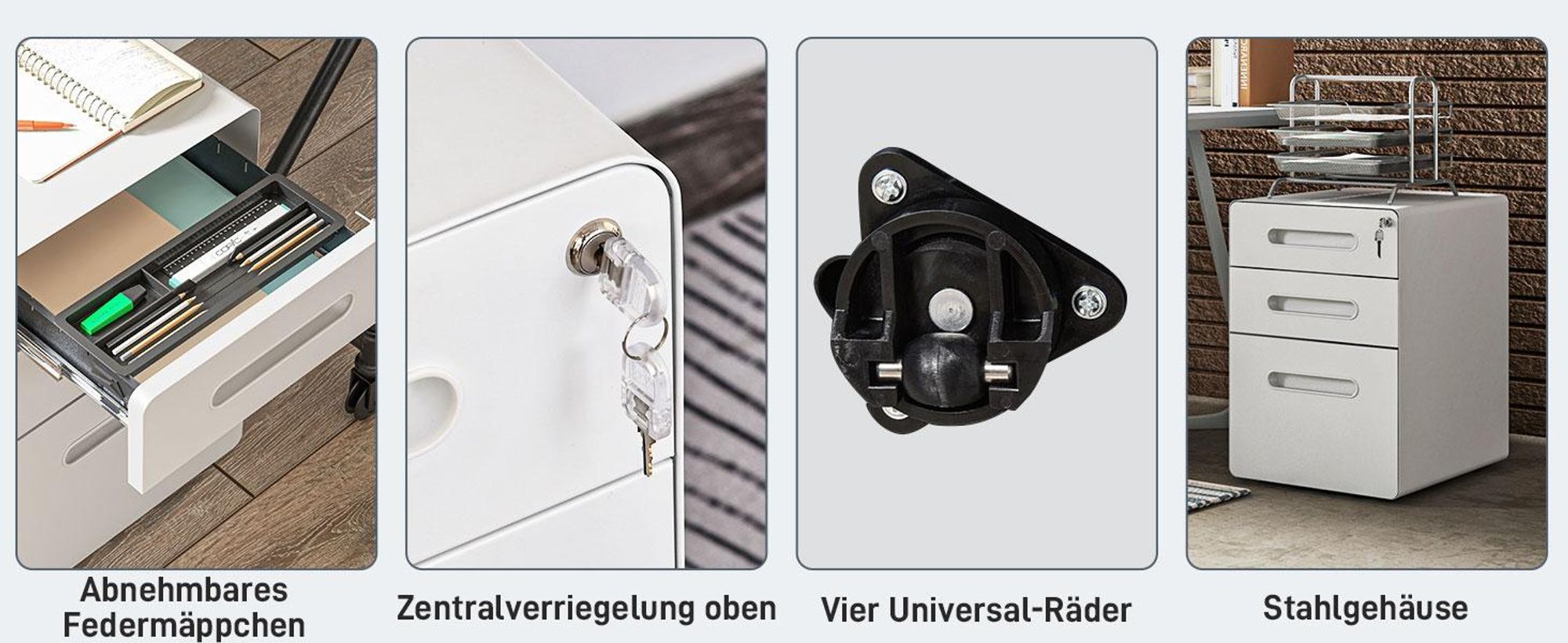 Vinsetto Rollcontainer Aktenschrank mit 3 Schubladen Bürocontainer Stahl Weiß