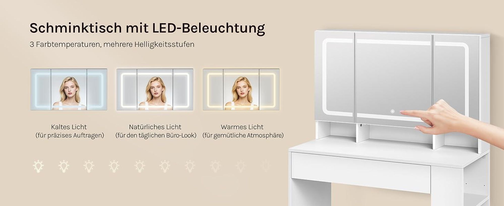 WOLTU Schminktisch mit Beleuchtung Spiegel LED, Schminktisch mit Schublade, Ablage hinter dem Spiegel, weiß, 90 x 40 cm