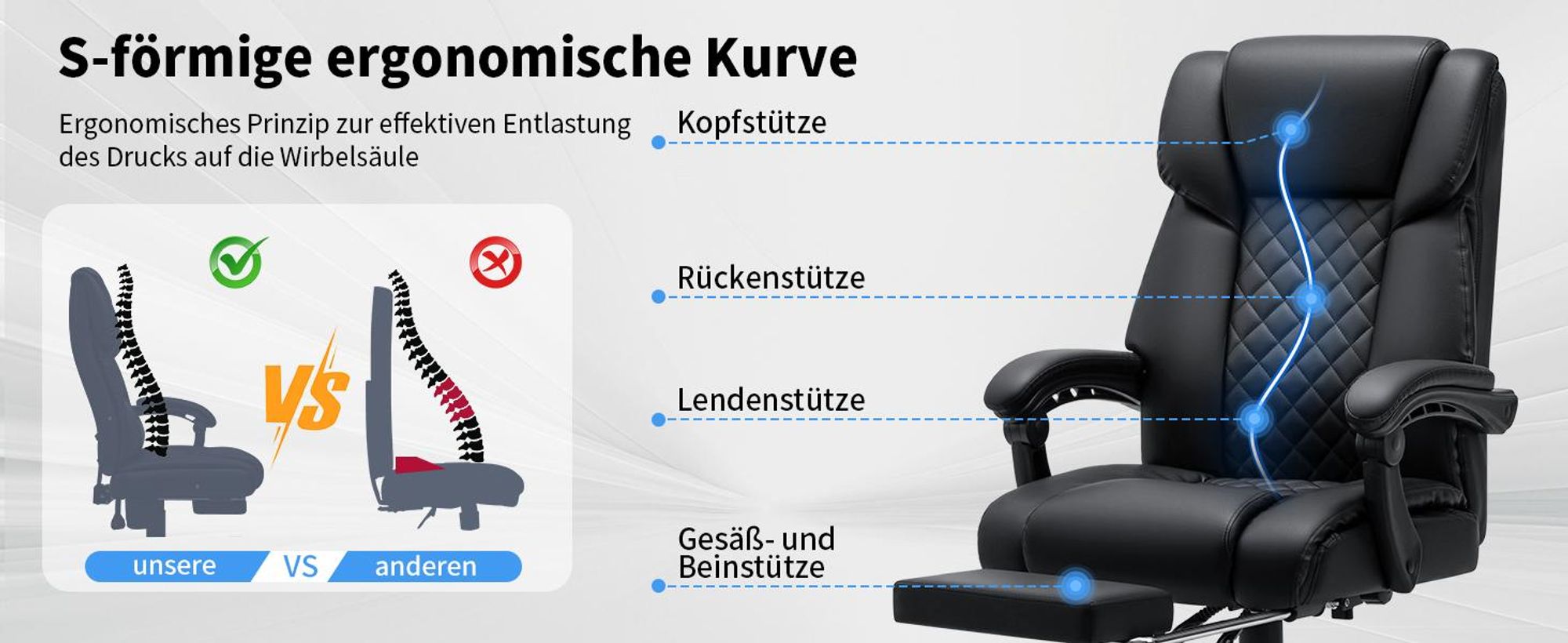 HOFFREE Massage-Bürostuhl mit Wärme & 7 Vibrationspunkten, 180° neigbar, Fußstütze, 200 kg Tragkraft, Chefsessel für große Personen, Schwarz