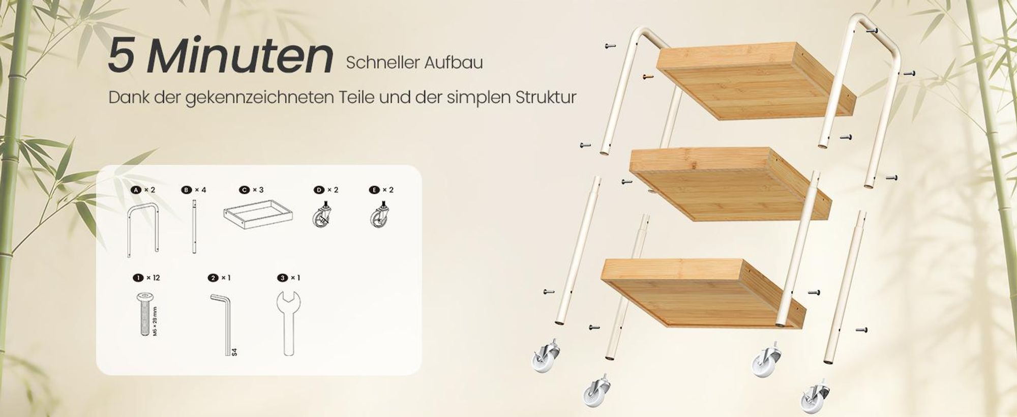 SONGMICS Servierwagen aus Bambus, Küchenregal mit Griffen, Rollwagen für Bad, Schlafzimmer, Küche, beige