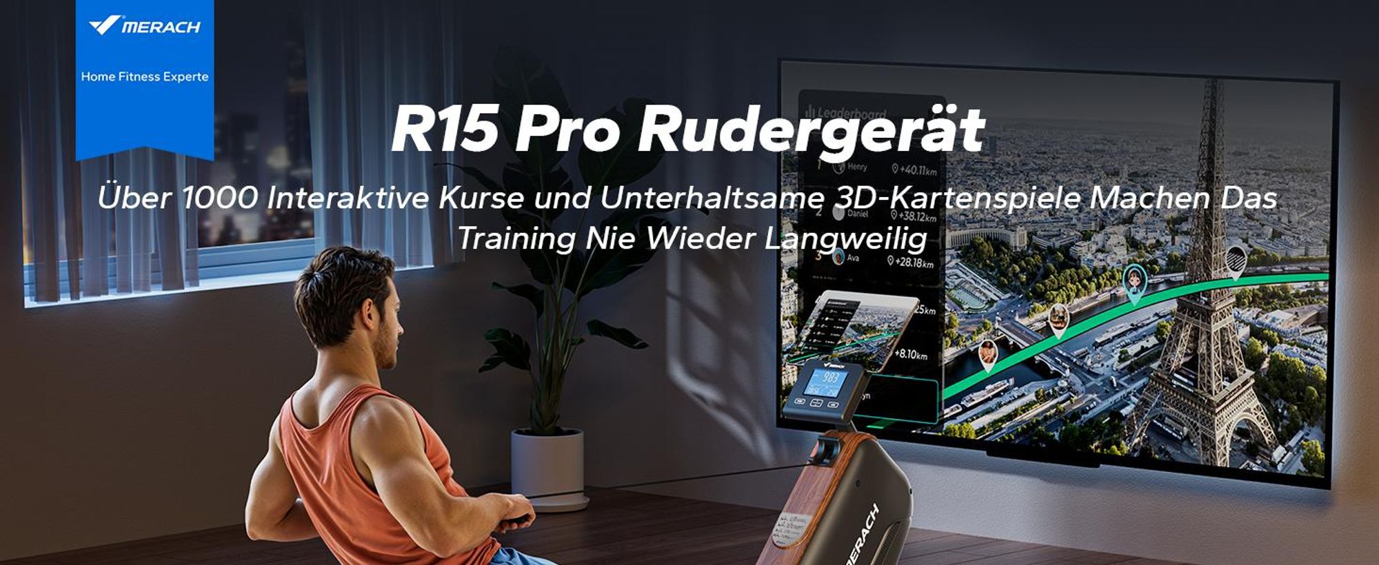MERACH magnetisches Rudergerät – leise, 16 Stufen, LCD-Display & Bluetooth-App, verstellbare Tablet-Halterung, 160 kg, vertikal klappbar