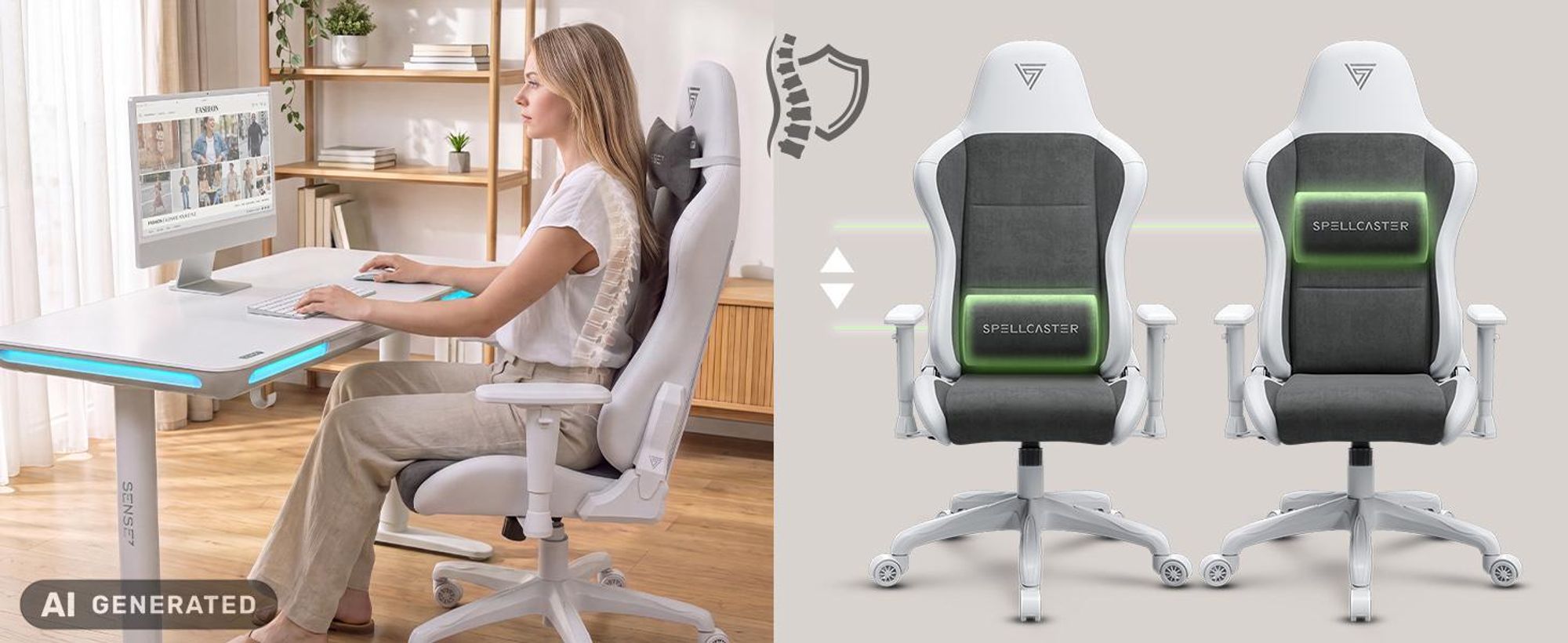 Sense7 Zaklínač FUKU: fotel gamingowy, krzesło gamingowe, krzesło biurowe, ergonomiczne krzesło biurowe, obrotowe krzesło, udźwig 120 kg, kolor biały i szary