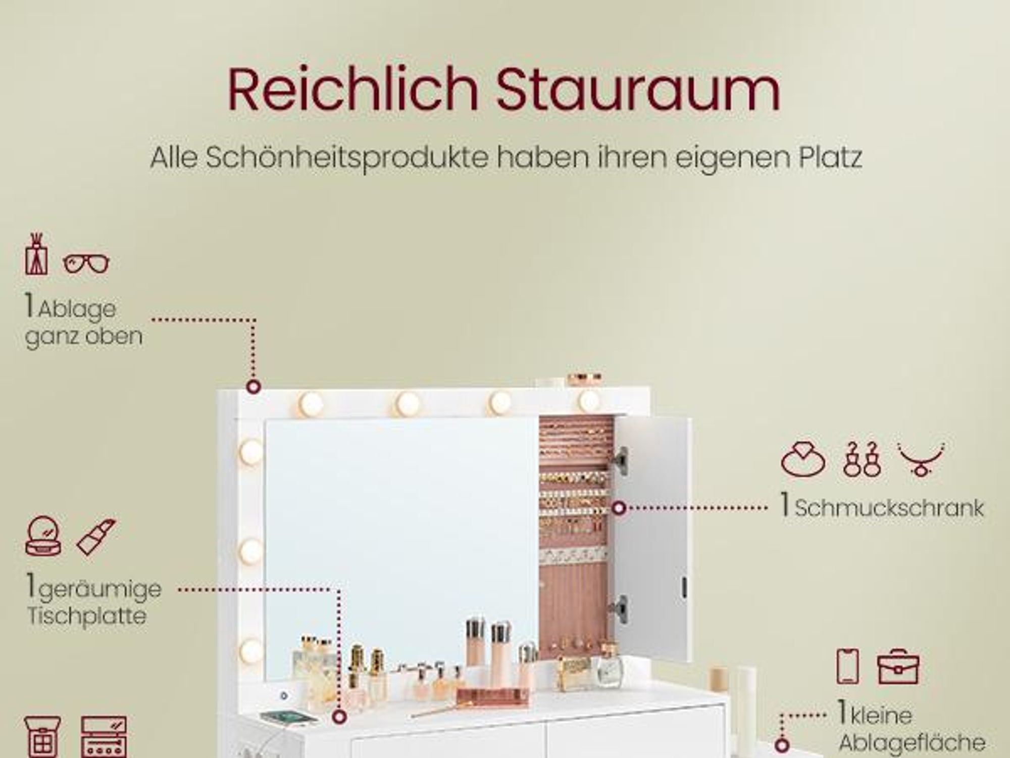VASAGLE Schminktisch Frisiertisch mit Schubladen, Schmuckschrank, Steckdosenleiste,  LED-Beleuchtung