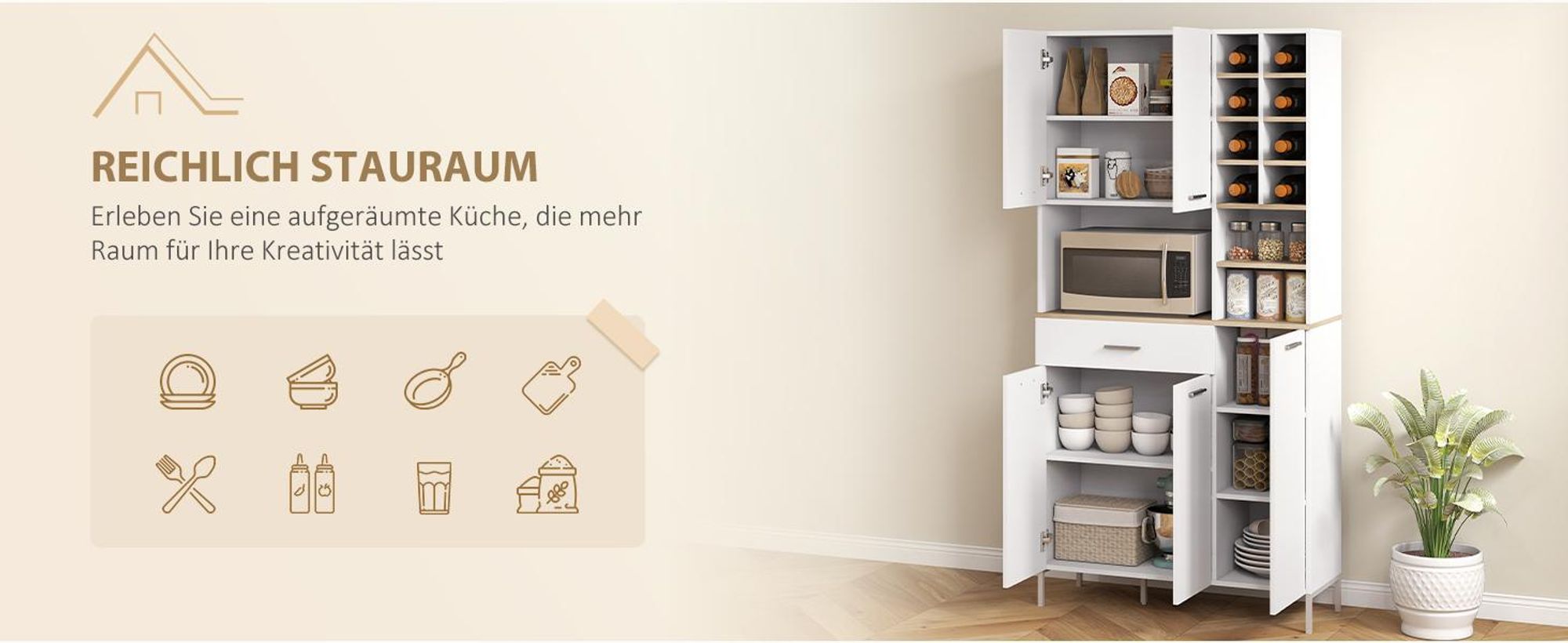 HOMCOM Küchenschrank mit offenen Regalen, Fächern, Weinregal, 5 Schranktüren