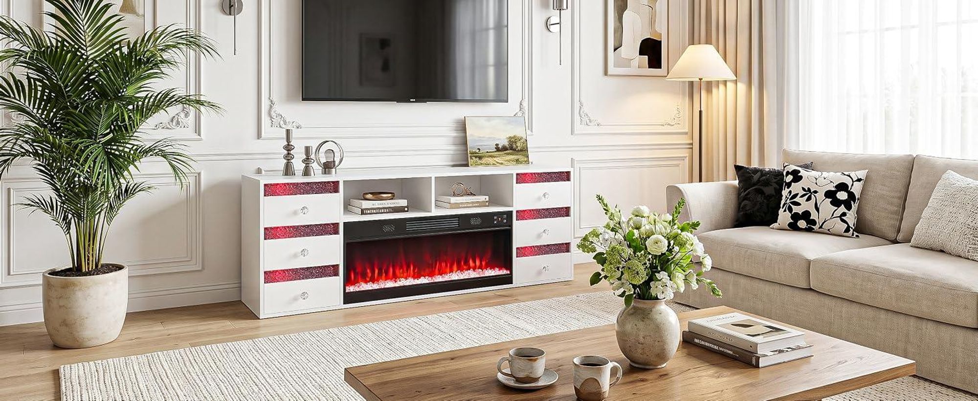 VANITII TV-Schrank mit kamin Heizfunktion，mit farbwechselndem LED-Beleuchtung mit Bluetooth 6 Schubladen Weiβ 180 x 40 x 65 cm