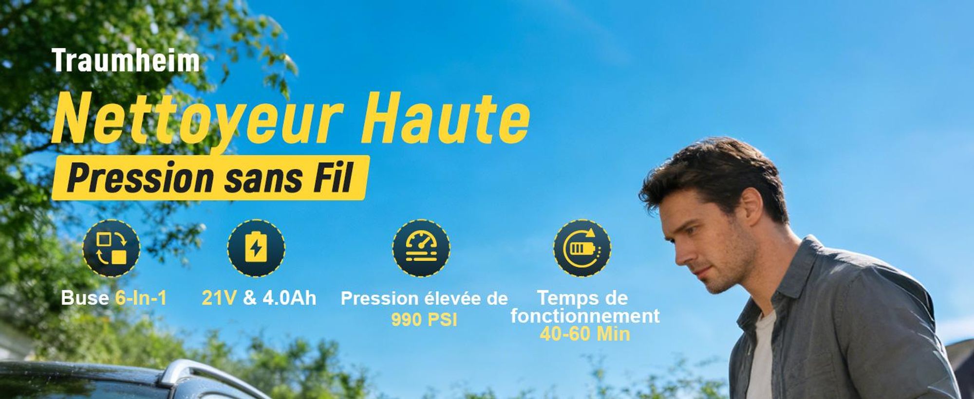 Akku Hochdruckreiniger Kabellos, 2×4000mAh Akku (8000mAh), Entfernt Schmutz & Öl Mühelos, 6-in-1 Düse + Rotationsdüse, 17-tlg Set für Auto, Garten & T