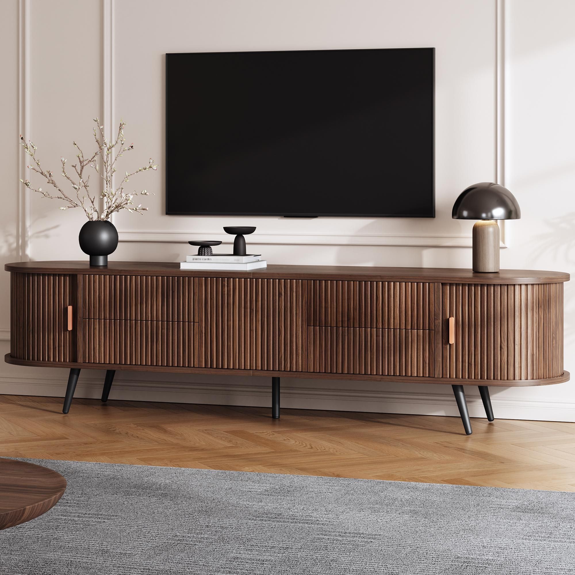 Merax Ovaler TV-Ständer mit 4 Schubladen und 2 Rolltüren, TV Möbel bis 80 Zoll mit separaten Schrankfach, Lowboard Wohnzimmerschrank, Walnuss