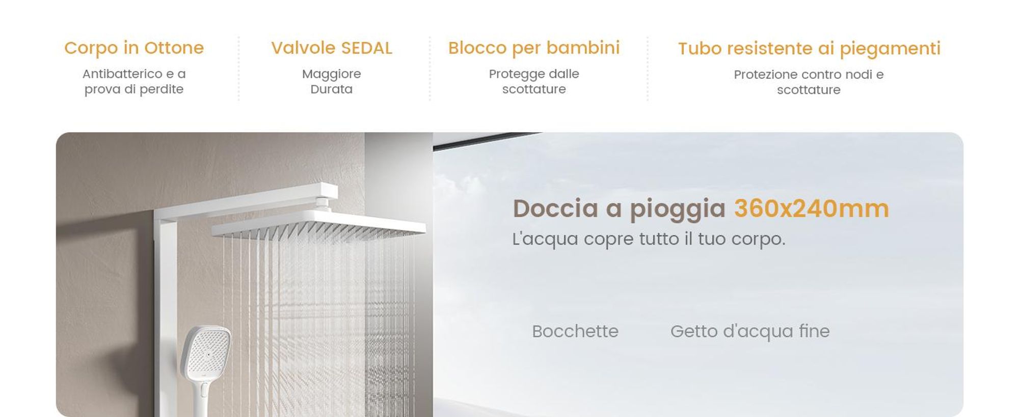 Sistema doccia EMKE con termostato Colonna doccia bianca con doccia a pioggia quadrata 360×240 mm, bocca di erogazione, regolatore di flusso e mensola in vetro F27