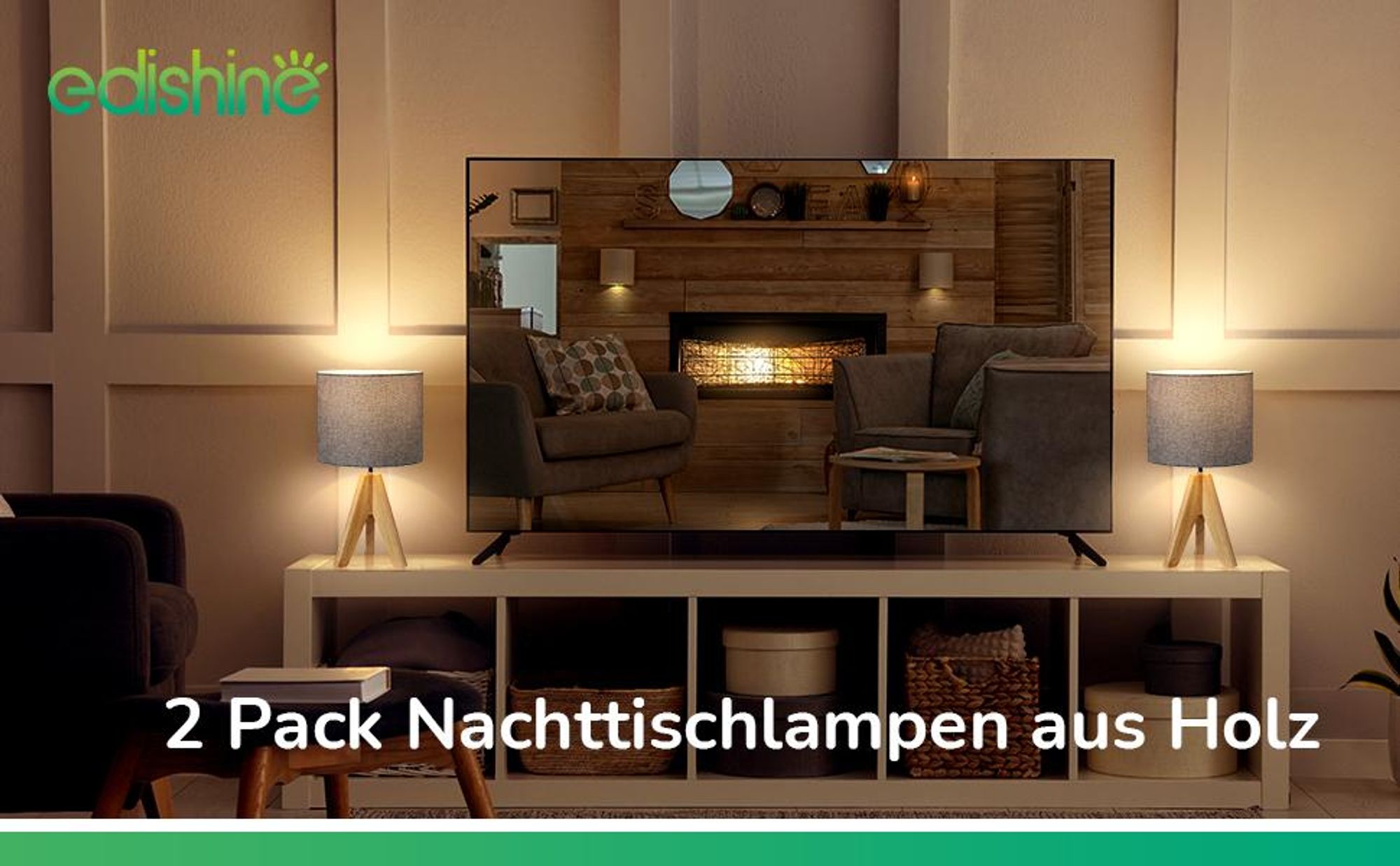 EDISHINE Nachttischlampe Holz 2er Set, Stativ Tischlampe Grau, E27 Leinen Schirm