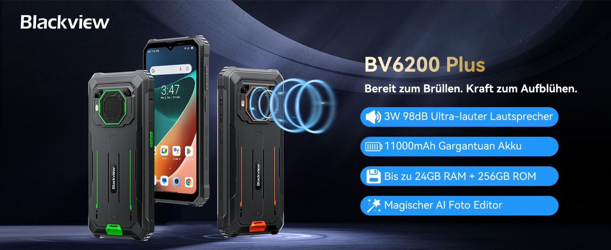 Blackview BV6200 Plus(2025) Outdoor Handy Ohne Vertrag, 11000mAh Akku Android 14 Outdoor smartphone, 24GB+256GB/2TB,98DB Lautsprecher, 6.56" 90Hz,IP69