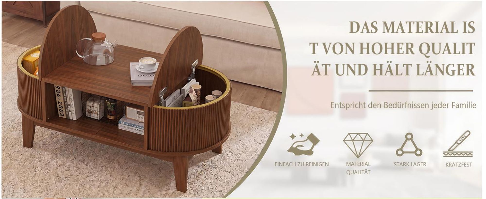 INONEFT Couchtisch mit verstecktem Stauraum, beistelltisch,wohnzimmertisch,Sofatisch mit MDF & Holzbeine, Walnuss