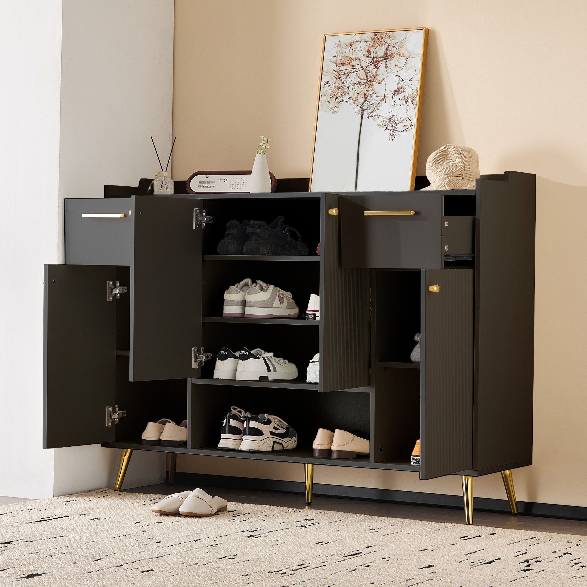 Merax Schuhschrank mit 2 Schubladen und 4 Türen, modernes Design mit Metallfüßen, Maße: H100/B130/T37 cm