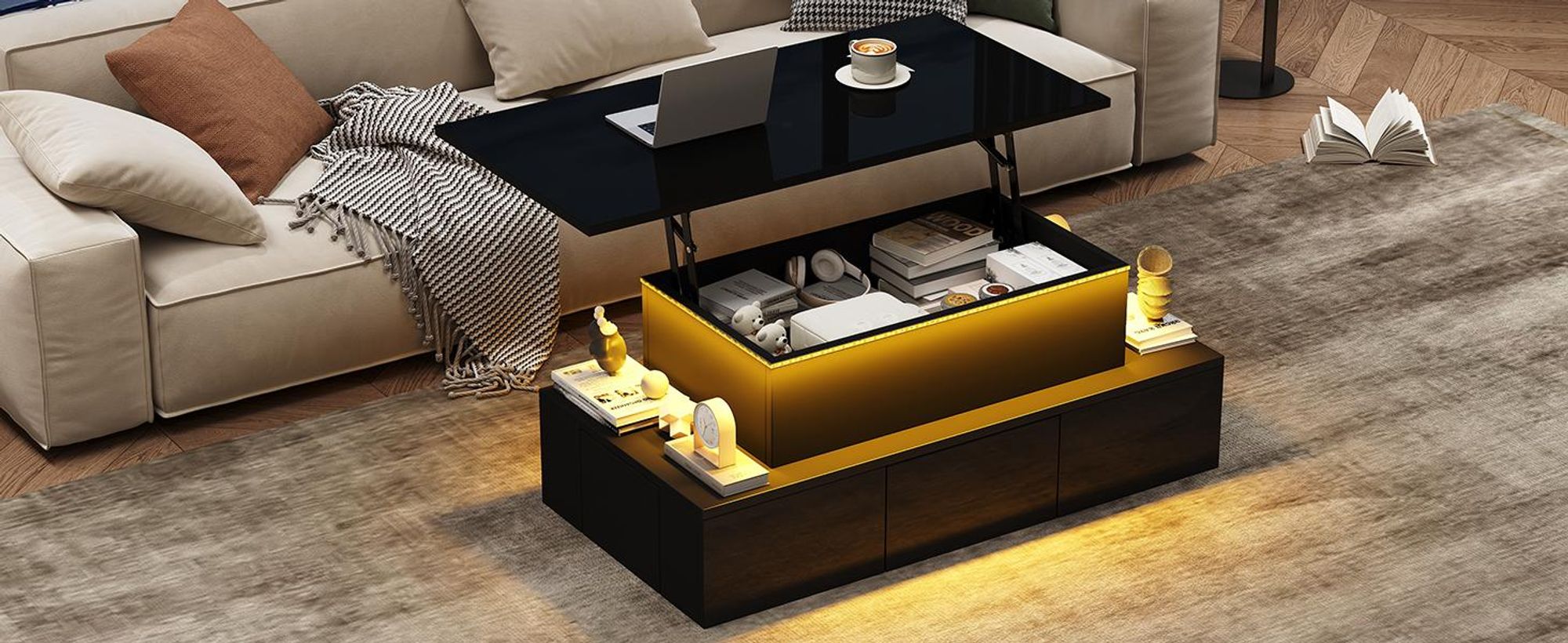 Anhebbarer Couchtisch mit LED und 4 Schubladen in Schwarz