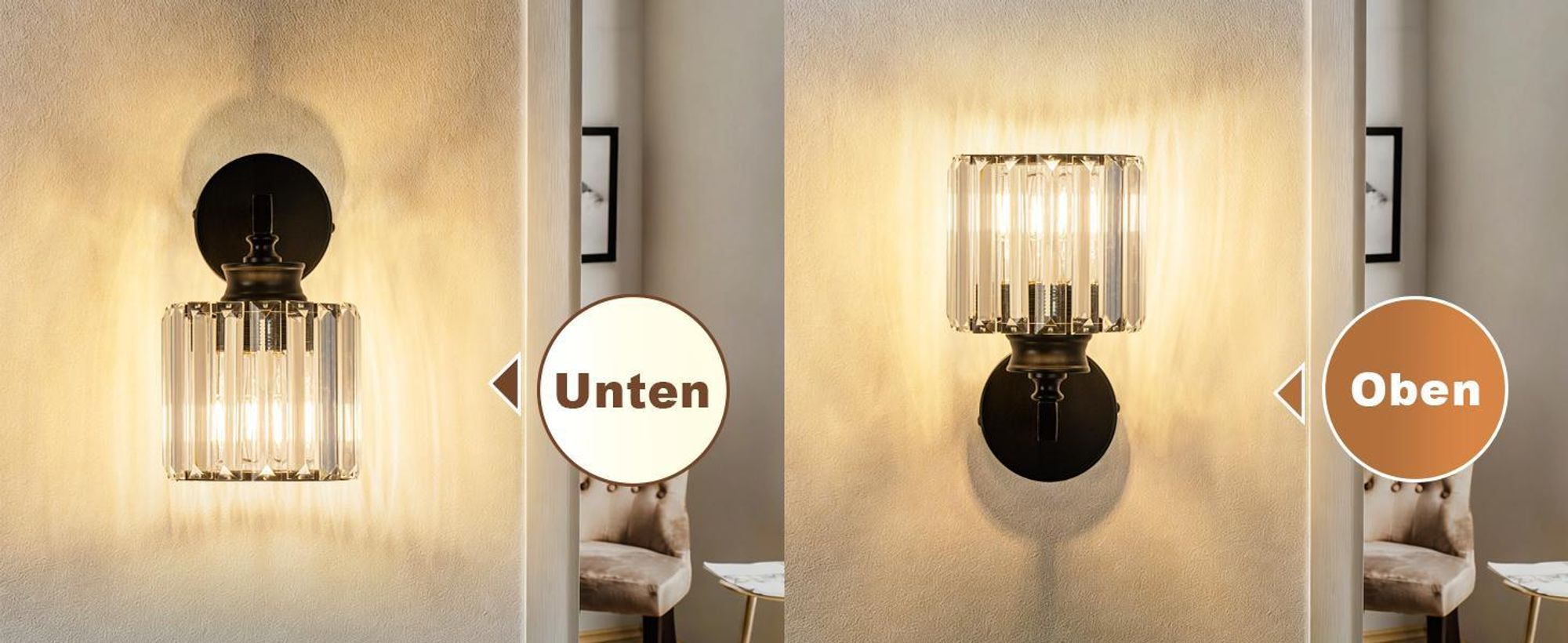 ZMH nástěnná lampa, křišťálová nástěnná lampa, interiérové nástěnné osvětlení, nástěnný reflektor, lampa do chodby, E27, do ložnice, obývacího pokoje, chodby, černá (bez žárovky)