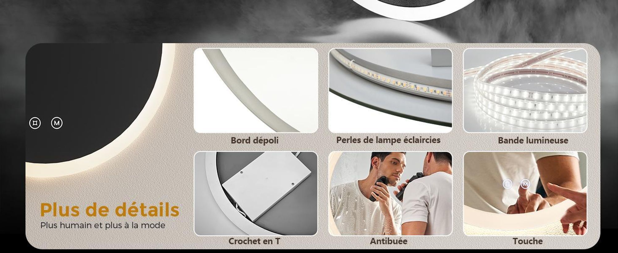EMKE Miroir de salle de bain rond 50cm avec 3 couleurs de lumière LED + luminosité variable, interrupteur tactile Miroir de salle de bain antibuée et fonction mémoire Miroir mural