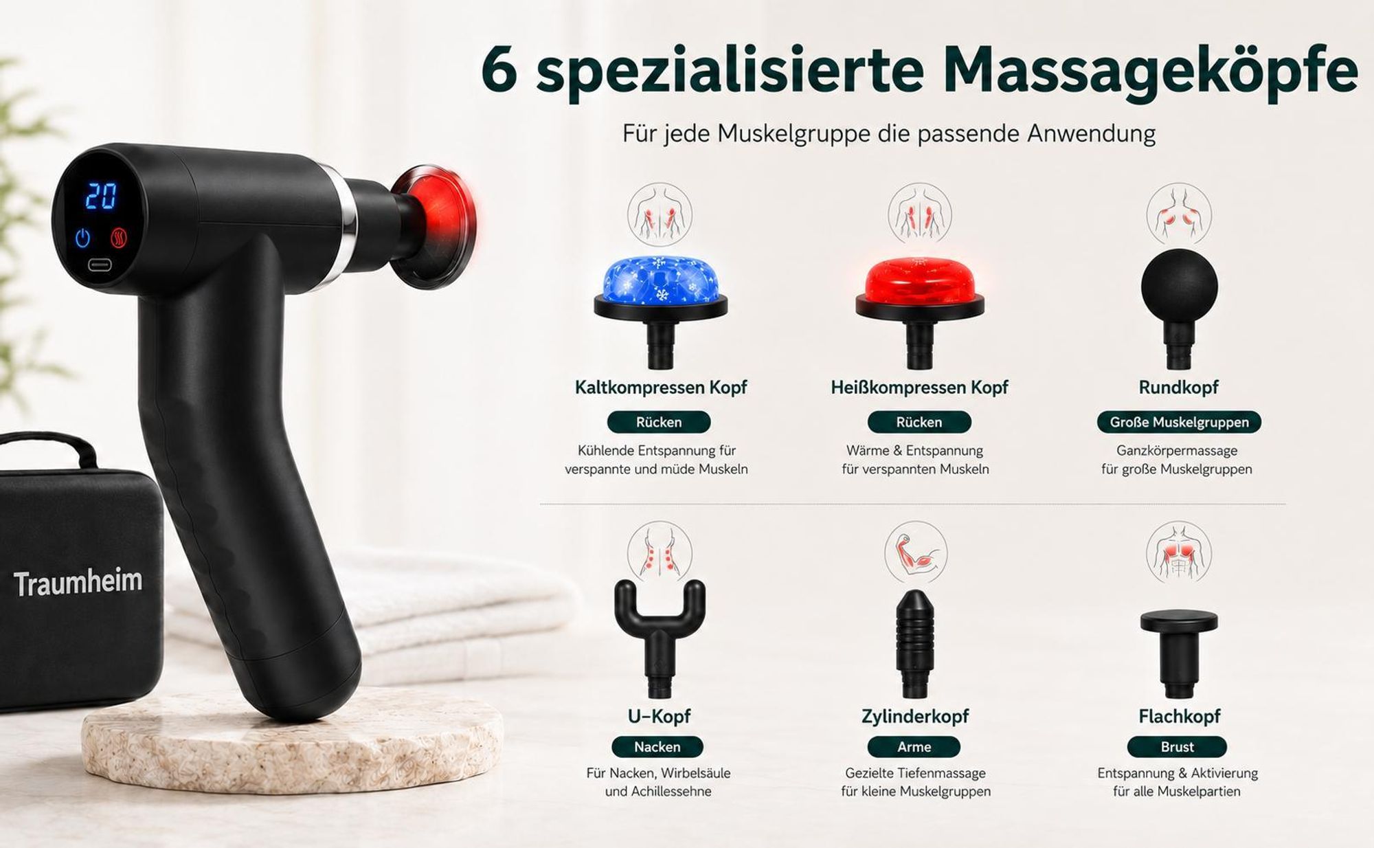 Massagepistole mit Wärme und Kältefunktion, Massage Gun für Tiefengewebe, 20 Stufen,LCD-Touchscreen,7 Massageköpfe für Nacken Rücken Muskelentspannung