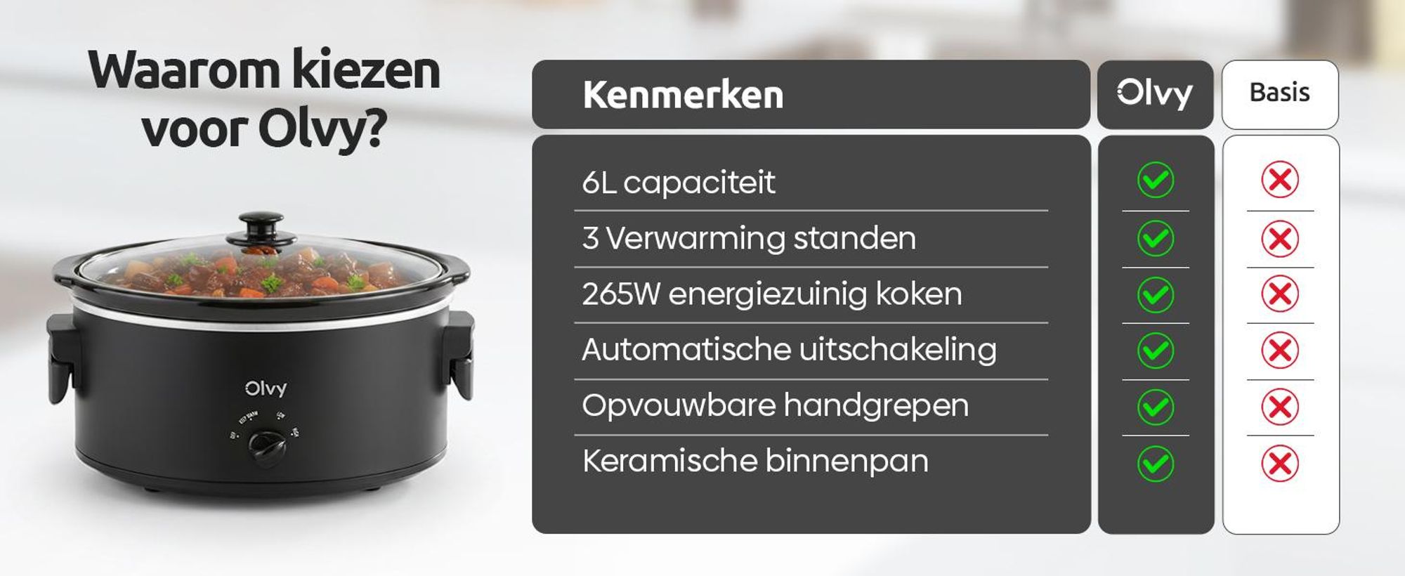 Olvy Slow Cooker 6L – Slowcooker met keramische binnenpan – Warmhoudfunctie – inclusief kookboek