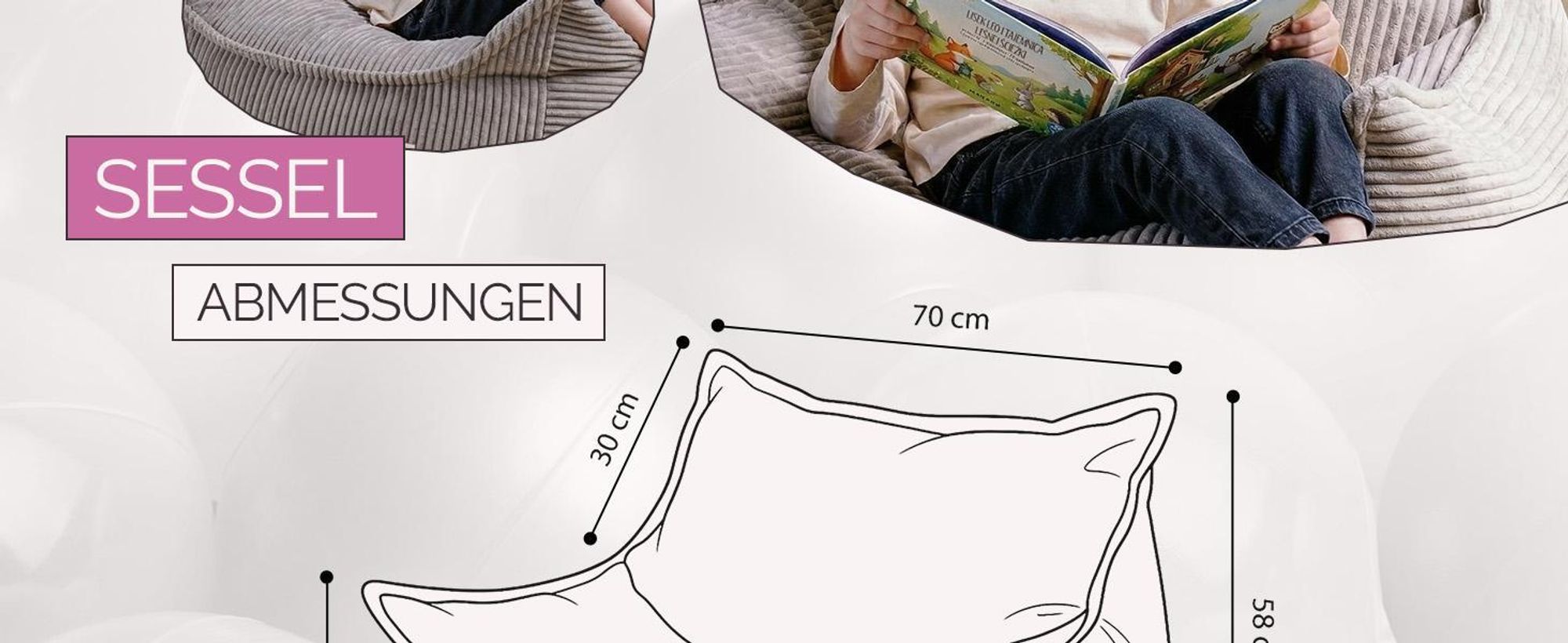 MISIOO Kinder Sessel Roya Cord – Kindersessel für Kinderzimmer, Weicher Sitzsack Kinder, Bodensessel Bean Bag Sofa, Premium Cord , 80x73x58 cm