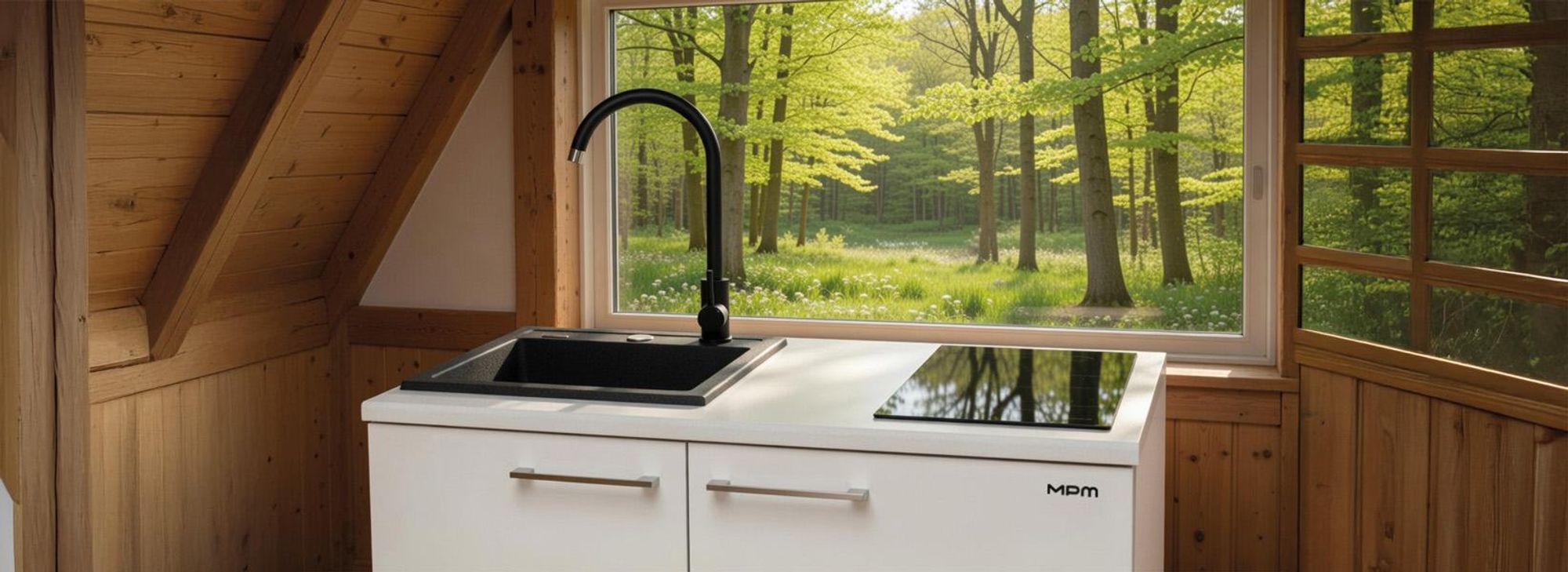 Miniküche, freistehende Küche, Induktionskochfeld, Granitspüle, Kühlschrank, Kochnische MPM SMK-02