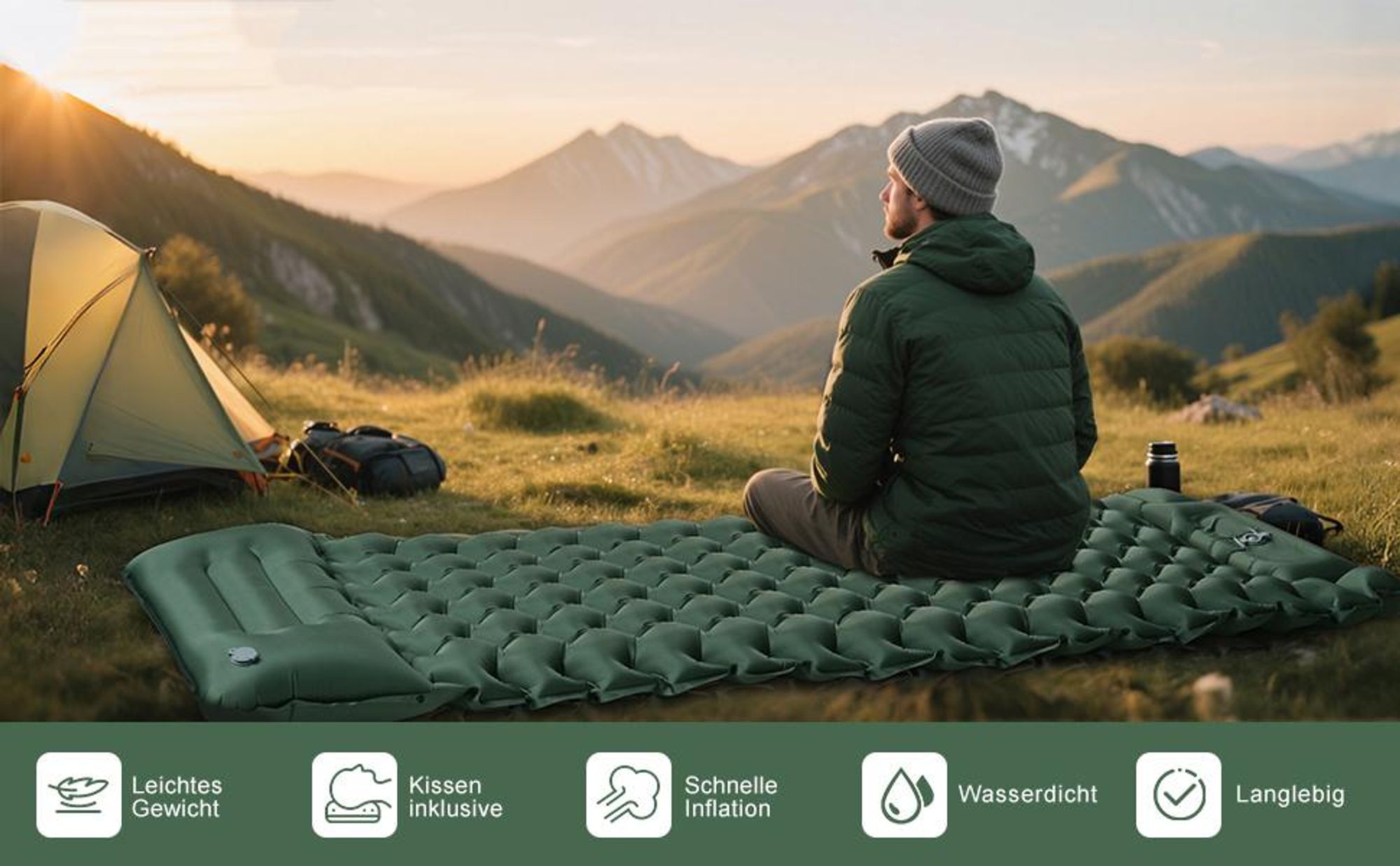 Camping Isomatte, Luftmatratze Selbstaufblasend, Schlafmatte mit Kissen & Fußpumpe, 2m Kompakte Leichte Schlafmatte für Camping Rucksackreisen Wandern