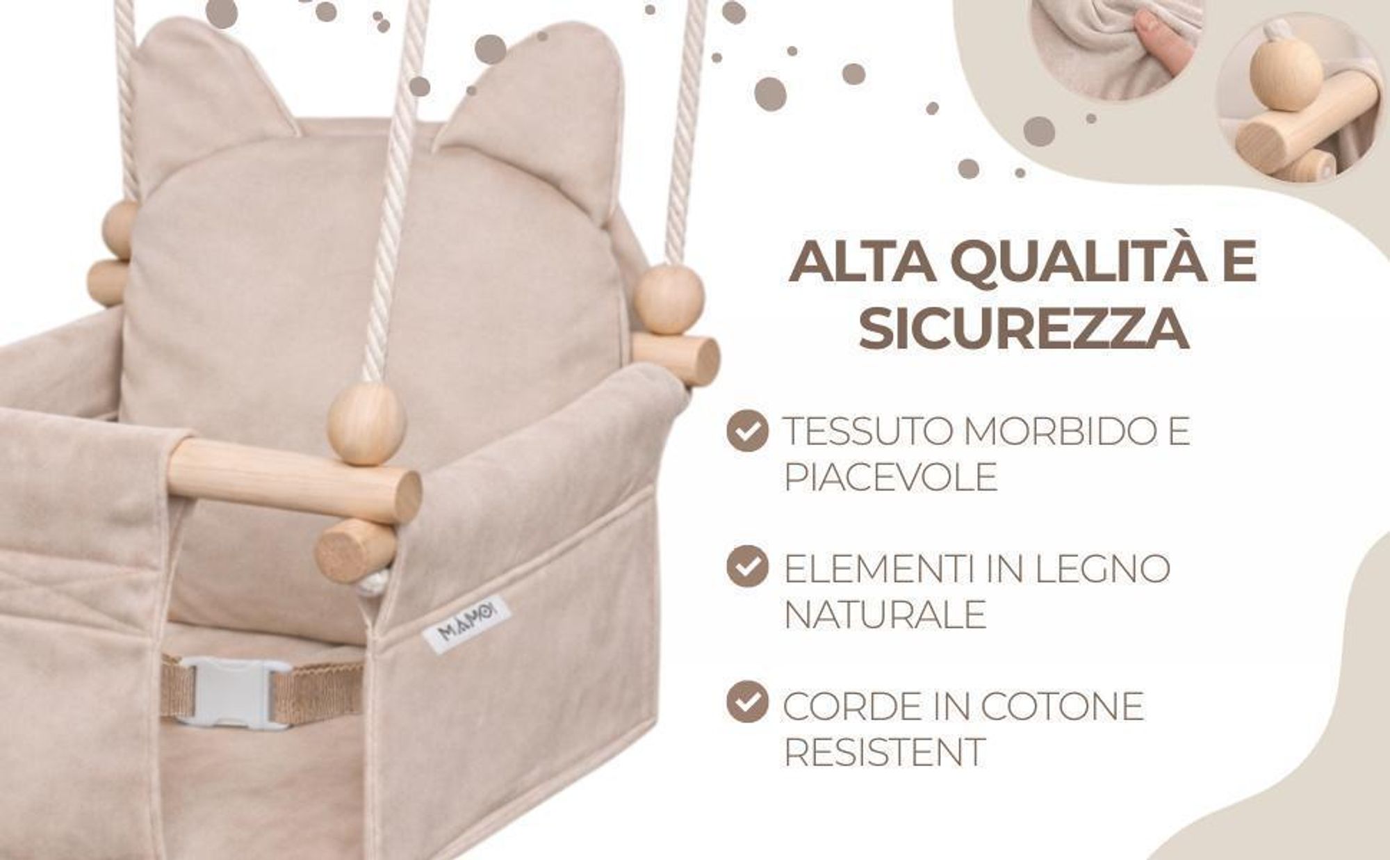 MAMOI Altalena per bambini con cintura di sicurezza, altezza regolabile 150–190 cm, altalena per la casa, struttura stabile, seduta in velluto
