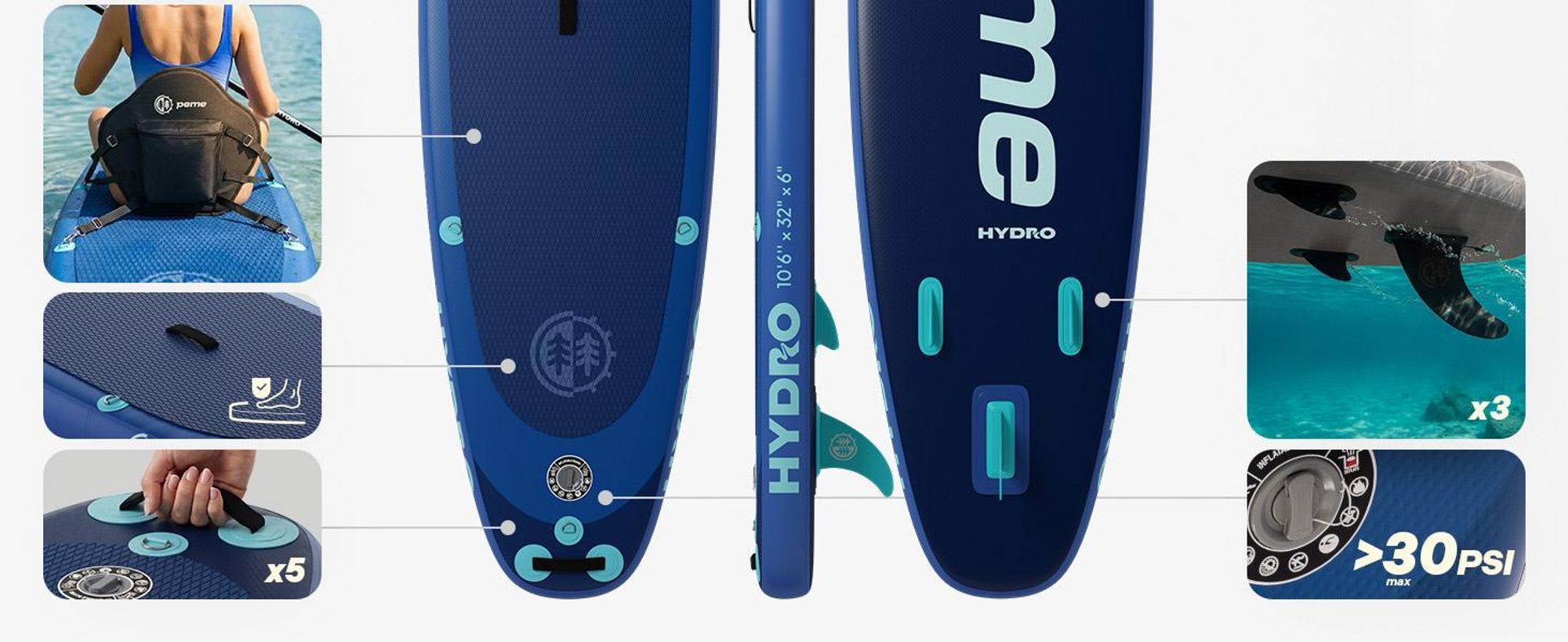 Tavola da stand up paddle PEME - Deep Water - 350 cm - Doppia pagaia e accessori completi, SUP, tavola da surf gonfiabile - Blu