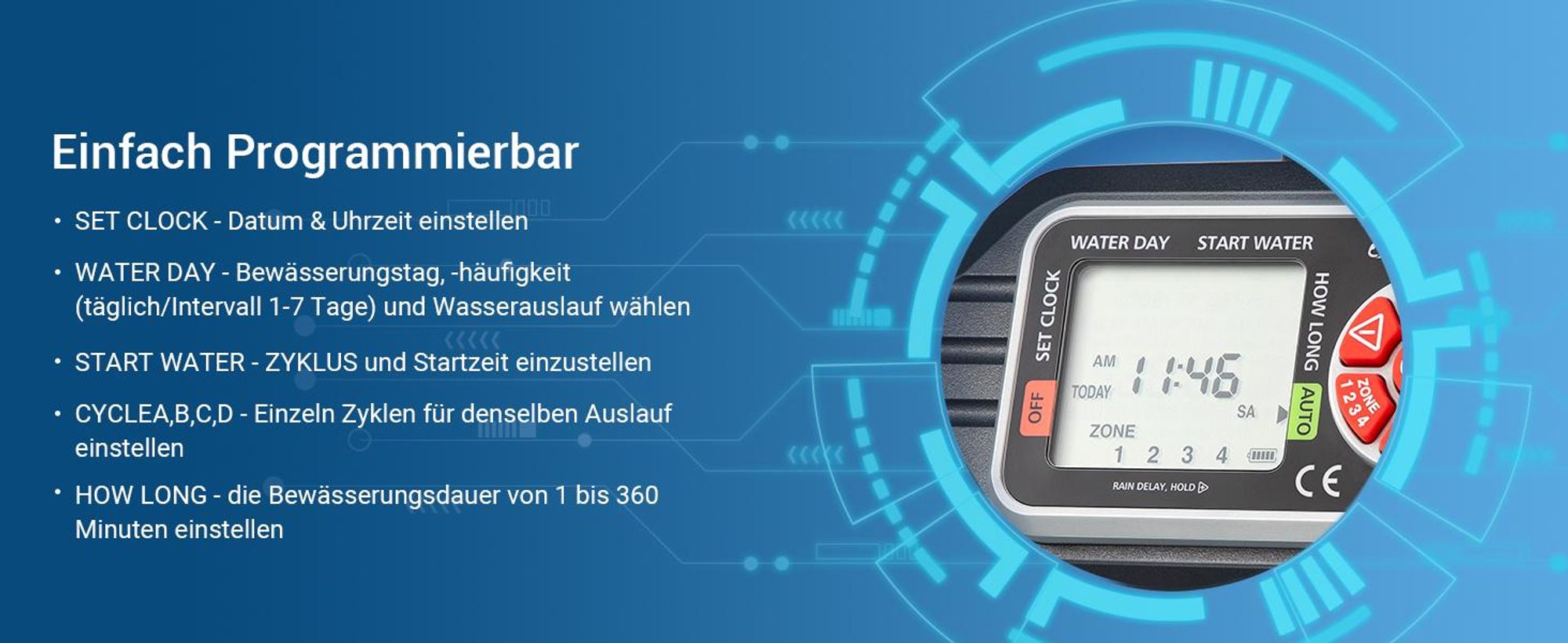 DEWENWILS Bewässerungscomputer 4 Ausgänge, Bewässerungssteuerung mit Display