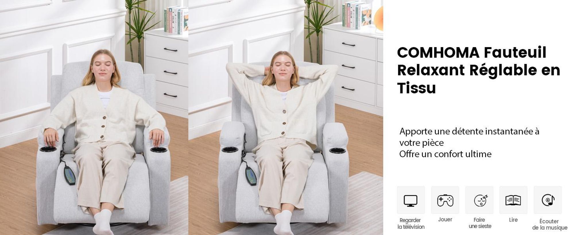 COMHOMA Fauteuil de relaxation Fauteuil TV en tissu avec fonction chaise longue Fauteuil TV réglable, Recliner Chair, gris clair-tissu