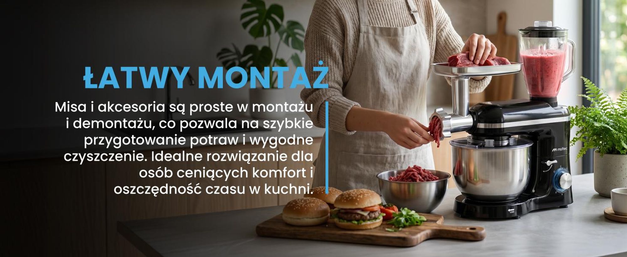 Wielofunkcyjny robot kuchenny z maszynką do mięsa, ubijaniem, miksowaniem i wyrabianiem ciasta