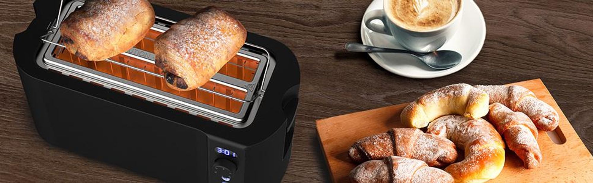 Balter Toaster 4 Scheiben, Edelstahl, Langschlitztoaster mit Brötchenaufsatz, 1500W, LCD Display, Defrost-/Aufwärmfunktion, Krümelschublade, Schwarz
