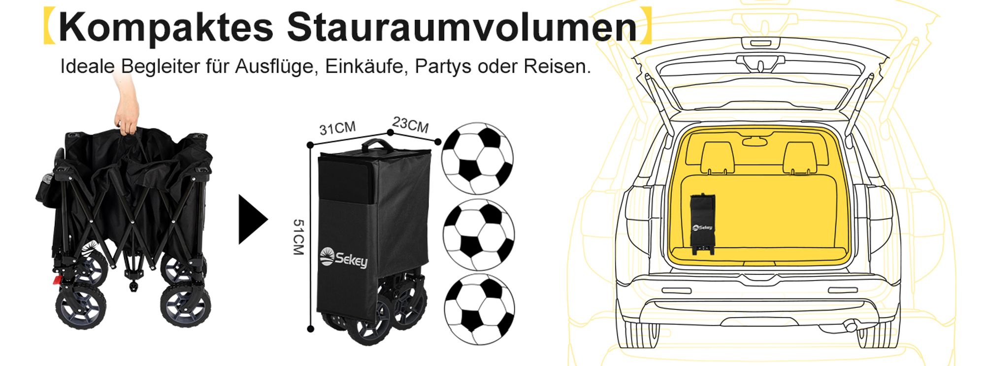 Sekey XXL 200KG Belastbar Bollerwagen Faltbar mit Spanngurte, 17x4 cm Reifen, Schwarz