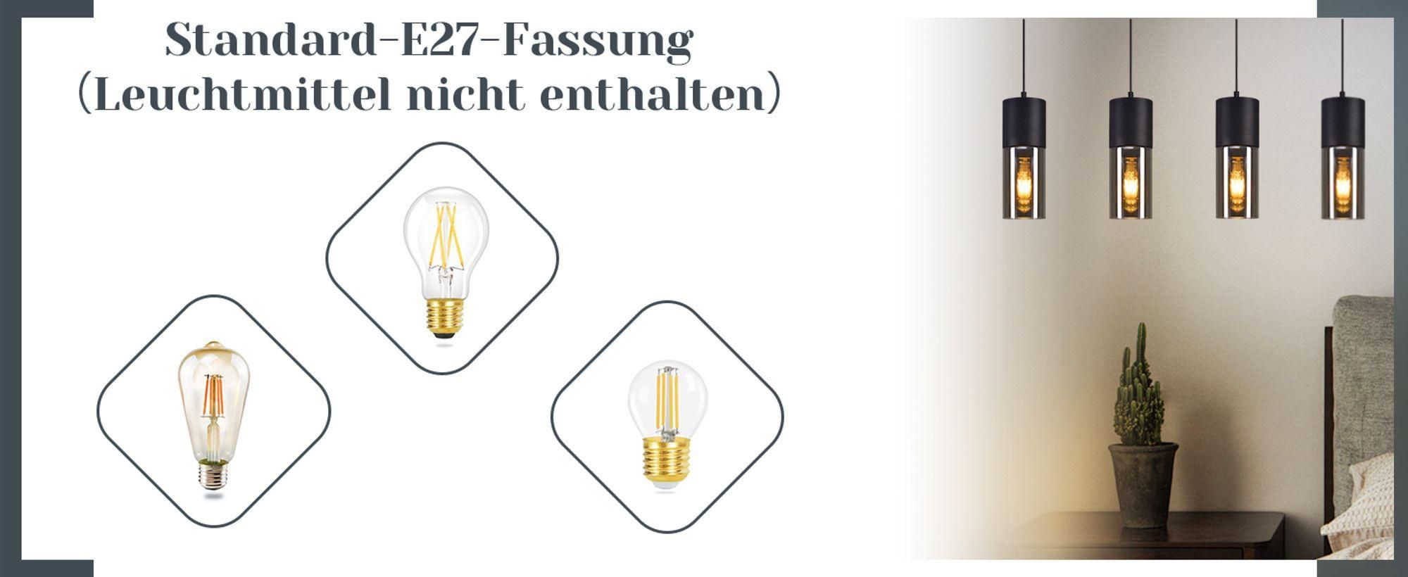 ZMH Hanglamp, eettafel, hanglamp, E27, pendellamp, 4 lichtpunten, verstelbare LED, modern, lampenkap van glas, zwart, kroonluchter voor keuken, woonkamer, slaapkamer