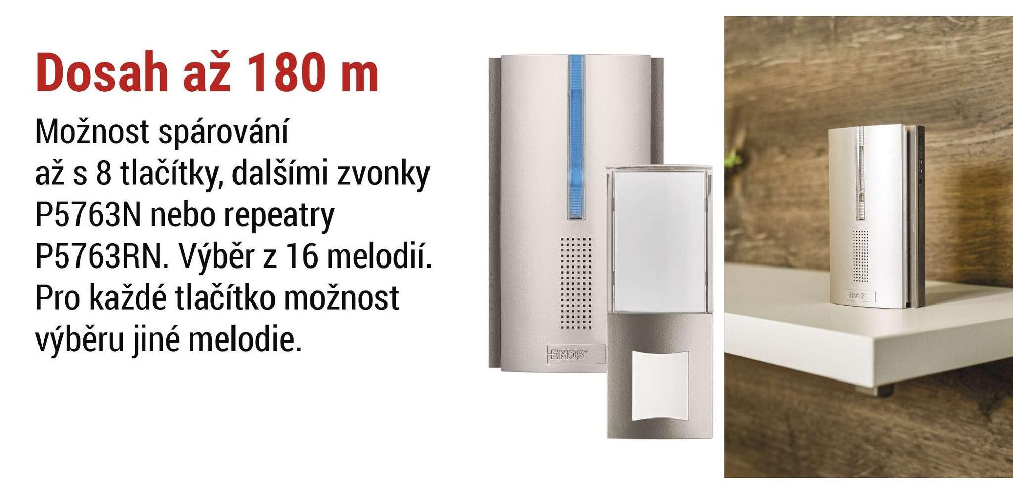 EMOS Bezdrátový zvonek, bateriový, náhradní/dodatečný opakovač pro P5760N/P5763N, neomezený dosah, 5 úrovní hlasitosti (0-85 dB), P5763RN