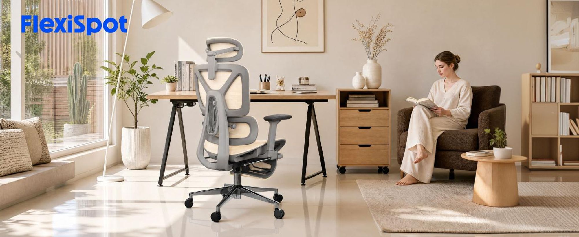 FLEXISPOT ErgoX Ergonomischer Bürostuhl mit Fußstütze, 3D-Armlehnen & Kopfstütze, 5D-verstellbare Rückenlehne, Tragfähigkeit von 136 kg, Beige