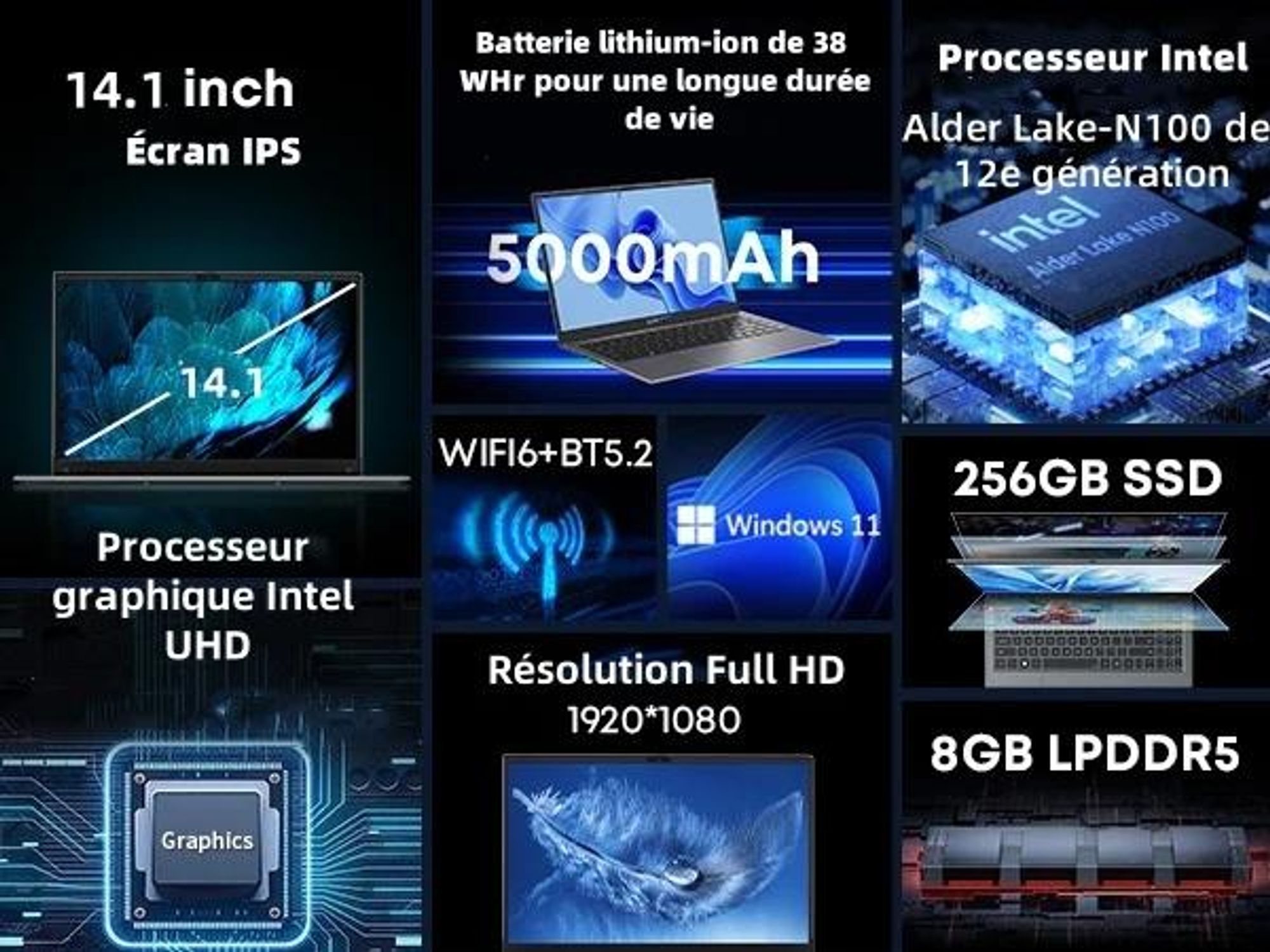 Ordinateur Portable CHUWI GemiBook XPro - Processeur Intel N100 Écran 14.1" Windows 11 8G+256G Batterie 5000mAh - Gris