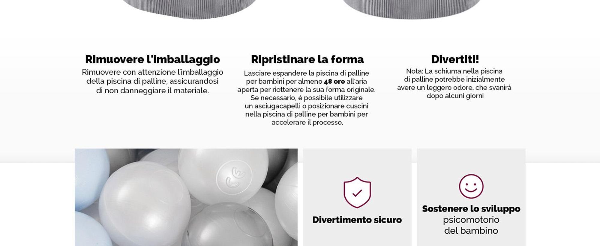 MISIOO Piscina di palline con imbottitura in schiuma - 90x30cm - 200 palline per piscina di palline - Palline di alta qualità per bambini - Giocattolo sicuro - Grigio chiaro