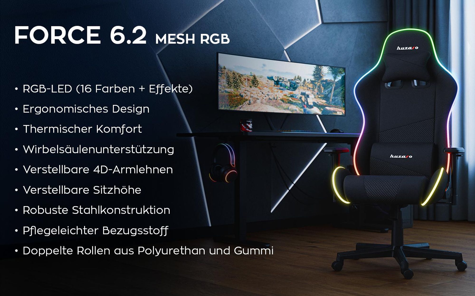 Huzaro Force 6.2 | RGB LED Beleuchtung Gaming Stuhl Gamer Bürostuhl Schreibtischstuhl Gamer Kopfstütze Lendenstütze | bis 130 kg belastbar | Schwarz