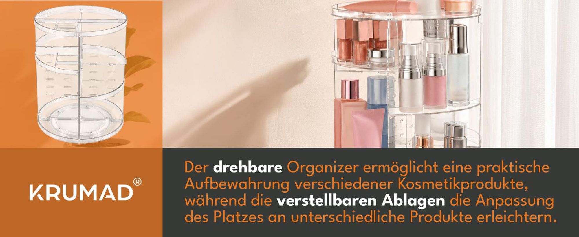 KRUMAD Schminktisch Organizer, Kosmetik Organizer drehbar, Make-up und Parfüm Aufbewahrung, 7 Höhenstufen, verstellbare Böden, Kunststoff