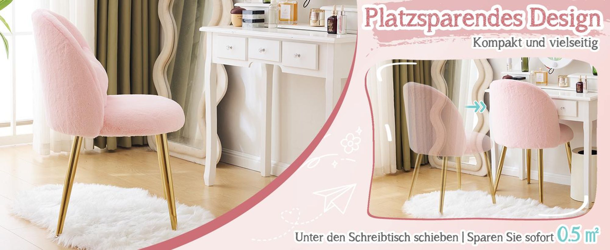 Alightup Esszimmerstuhl, Schminkstuhl, Schminktisch Stuhl, Homeoffice Stuhl,mit Verstellbaren Goldbeinen & Schleifenkissen,Plüsch, Rosa