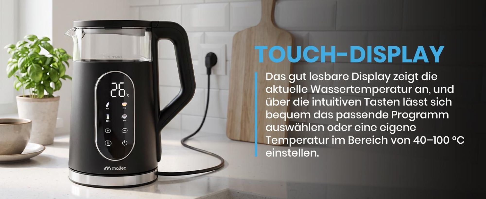 Wasserkocher mit Temperaturregelung 1,7 L Warmhaltefunktion 40–100°C 2200W Kalkfilter