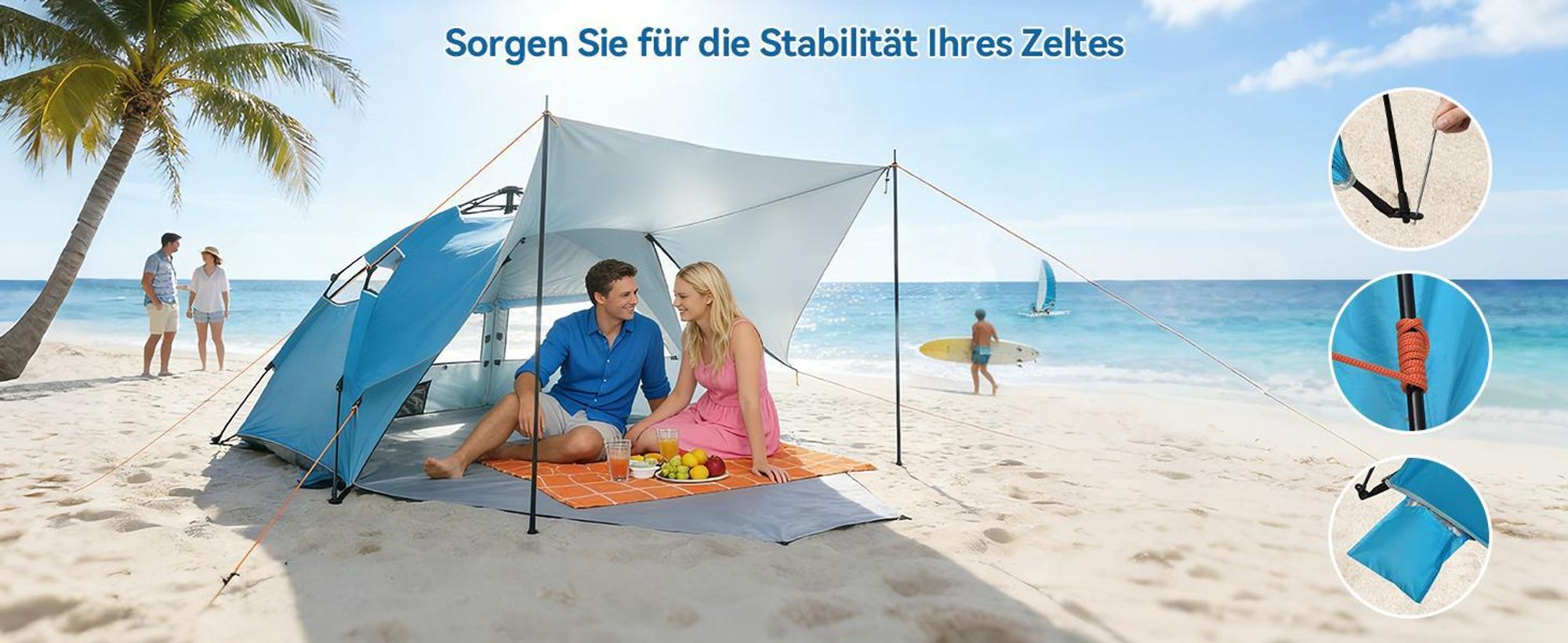 Puluomis Strandmuscheln Strandzelt mit Sonnensegel  Pop-up-Zelt mit UV-Schutz 50+, Sekundenzelt Blau, 135 x 150 x 250 cm