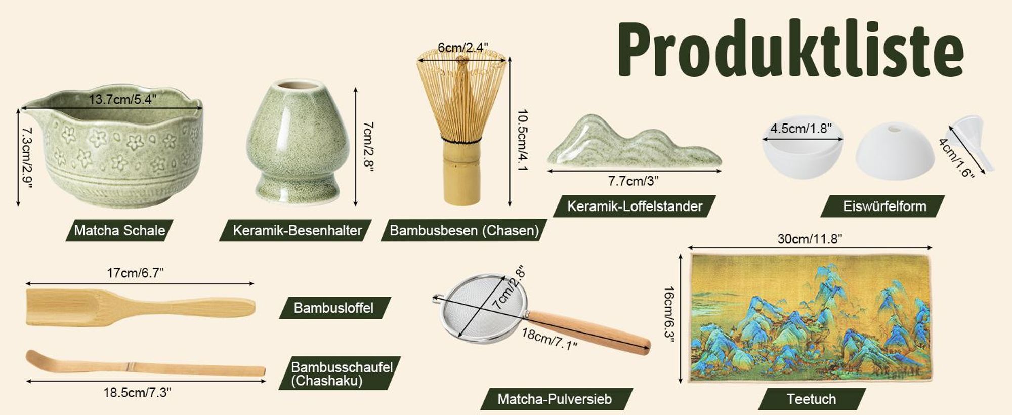 VONATES Matcha Set 9-tlg. mit Matcha-Schale, Bambus-Besener & Halter, Sieb, Löffel, Tuch, Eisform - Starter-Kit für Teezeremonie & Geschenk, Grün